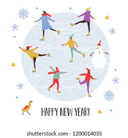 Vector drawing of people skating, Merry Christmas or Happy New Year's card design