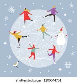 Vector drawing of people skating, Merry Christmas or Happy New Year's card design