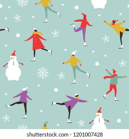 Vector drawing of people skating on Ice rink, Merry Christmas or Happy New Year's seamless pattern