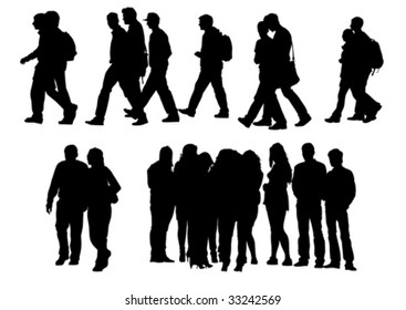 Vector drawing people to walk. Silhouette on white background