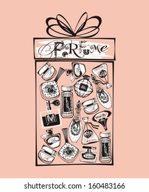 Vector drawing perfume bottles. Gift box.