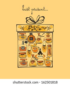 Vector drawing perfume bottles. Gift box.