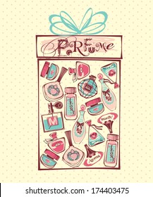 Vector Drawing Perfume Bottles. Gift Box. 