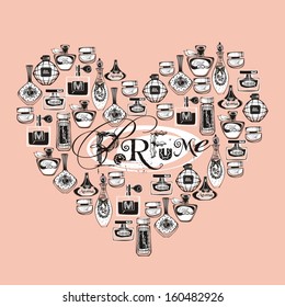 Vector drawing perfume bottles. Heart.
