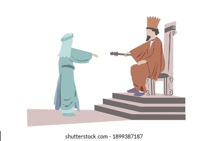 Vector drawing of the Persian king Ahasuerus extends the scepter to Queen Esther.
One of the scenes in a scroll read by the Jews on Purim.