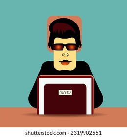 Dibujo vectorial de una persona en una computadora, un trabajador de oficina, un trabajo remoto, un autónomo