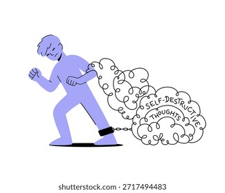 Vektorgrafik einer Person, die mit selbstzerstörerischen Gedanken kämpft, die ihn zurückziehen. Flache Illustration von Depression, Angst, Psychologie-Konzept für Web, Print oder Social Media.