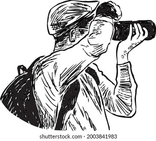 Vector drawing of photographer taking picture on his camera