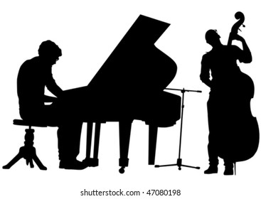 Vector drawing pianist and bass on stage. Silhouettes on white background