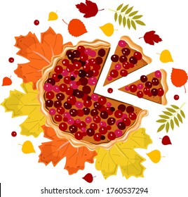 Vector drawing of a pie with berries and autumn leaves around it. To design a poster, label, or menu. Cozy warm autumn.