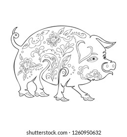 Vector Drawing of a Pig with Flowers Pattern Design.