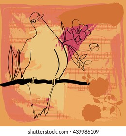A vector drawing of a pigeon, sitting on a branch of a rhododendron bush with blooming flowers; with sheet music and roses; a romantic illustration for a wedding invitation or greeting card design
