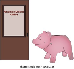 Vector drawing of piggy bank visiting unemployment office