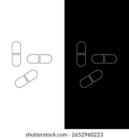 Pílulas de desenho de vetor, linha pontilhada cor preto e branco estilo plano