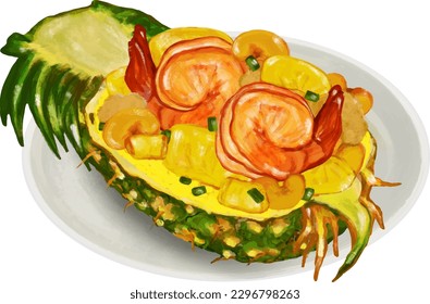 Vector drawing, Pineapple Fried Rice, Thai food, Thailand food, Asia food.