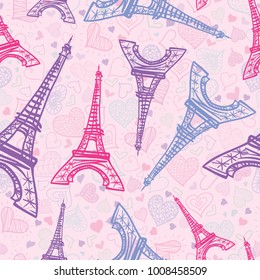 Vector Drawing Pink Eifel Tower Paris Seamless Repeat Pattern Surrounded By St Valentines Day Hearts Of Love. Perfect for travel themed postcards, greeting cards, wedding invitations.