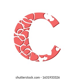 Vector drawing of a pink letter C with hearts. Decorative romantic font. Typography of love