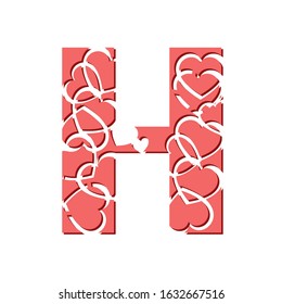 Vector drawing of a pink letter H with hearts. Decorative romantic font. Typography of love