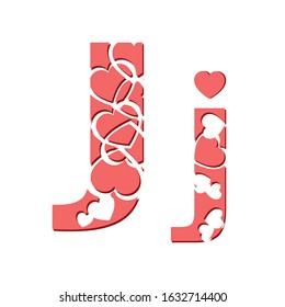 Vector drawing of a pink letter J with hearts. Decorative romantic font. Typography of love