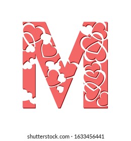 Vector drawing of a pink letter M with hearts. Decorative romantic font. Typography of love