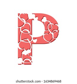 Vector drawing of a pink letter P with hearts. Decorative romantic font. Typography of love