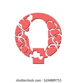 Vector drawing of a pink letter Q with hearts. Decorative romantic font. Typography of love