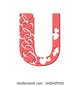 Vector drawing of a pink letter U with hearts. Decorative romantic font. Typography of love