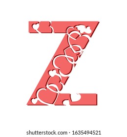 Vector drawing of a pink letter Z with hearts. Decorative romantic font. Typography of love