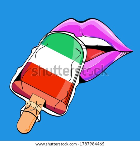 Vector drawing of pink lips trying ice cream with green, white and red colors on blue background