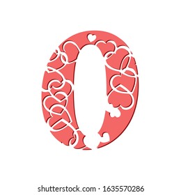 Vector drawing of a pink number 0 with hearts. Decorative romantic font. Typography of love