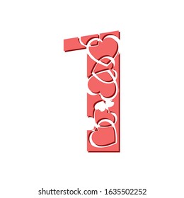 Vector drawing of a pink number 1 with hearts. Decorative romantic font. Typography of love