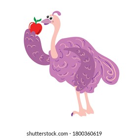 Vector drawing of a pink ostrich with a red handmade apple on a white isolated background. African ostrich flat, cartoon. Postcard design, children's, fun, printing on fabric, covers
