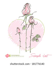 Vector drawing of pink roses on a background of hearts