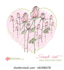 Vector drawing of pink roses on a background of hearts