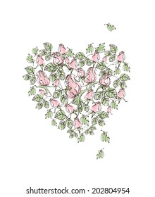 Vector drawing of pink roses on a background of hearts
