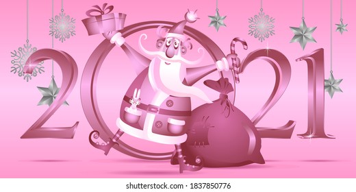 Vector drawing of pink Santa Claus with a gift on the background of 2021