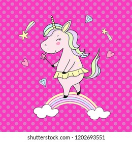 vector drawing pink unicorn on a rainbow with clouds and a pink background