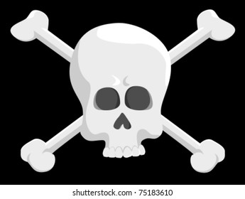 Vector drawing of a pirate skull with crossbones on black background.