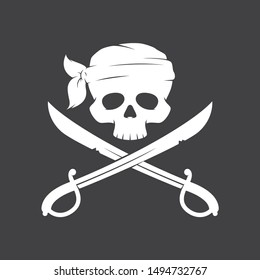 Vector drawing pirate skull with scimitar saber and scarf around head. Dark background.