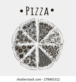 Vector drawing of a pizza cut into pieces of different kinds of black on white