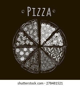 Vector drawing of a pizza cut into pieces of different types of chalk on a blackboard