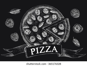 Vector drawing Pizza. pizzeria. Chalkboard.