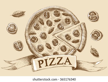 Vector drawing Pizza. pizzeria. Chalkboard.