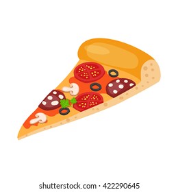 Vector drawing of pizza with salami, mushrooms, tomato, black olives in flat cartoon style. Illustration with simple gradients for design fast food menu. Isolated icons. 