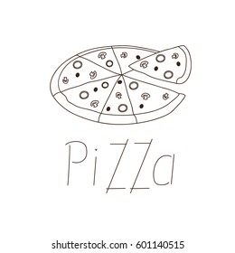 The vector drawing of pizza, sketch on a white background. Hand-written text.
