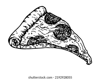 Vector drawing of a pizza slice. Italian pizza slice. Hand drawn pizza illustration. Great for menu, poster or label. Pizza design template, logo hand drawn vector illustration realistic sketch