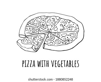 Dibujo vectorial de pizzas. Dibujo manual de dibujo de la ilustración de la pizza. Ideal para un menú, cartel o etiqueta. Pizza margaita, pizza con verduras, estilo doodle y línea.