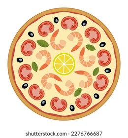 Vector drawing of pizza - top view. Seafood pizza - shrimp, cheese, tomatoes, olives, salad.