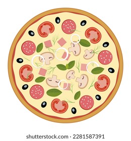 Vector drawing of pizza - top view. Pizza with mushrooms, cheese, sausage, ham, tomatoes, olives, onions, dill and lettuce leaves.