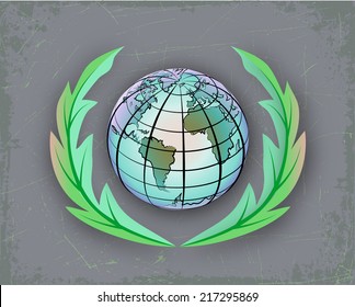 Vector drawing of a planet Earth and green wreath.